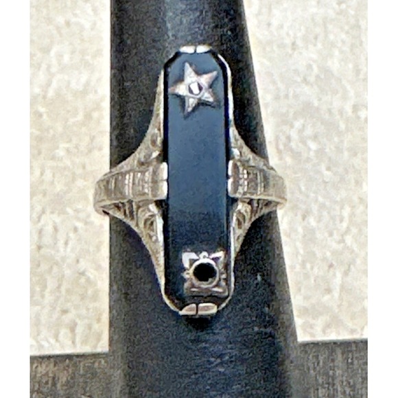 Jewelry - Antique 14K White Gold Eastern Star Onyx Filigree Ring Sz 5 Missing Diamond READ